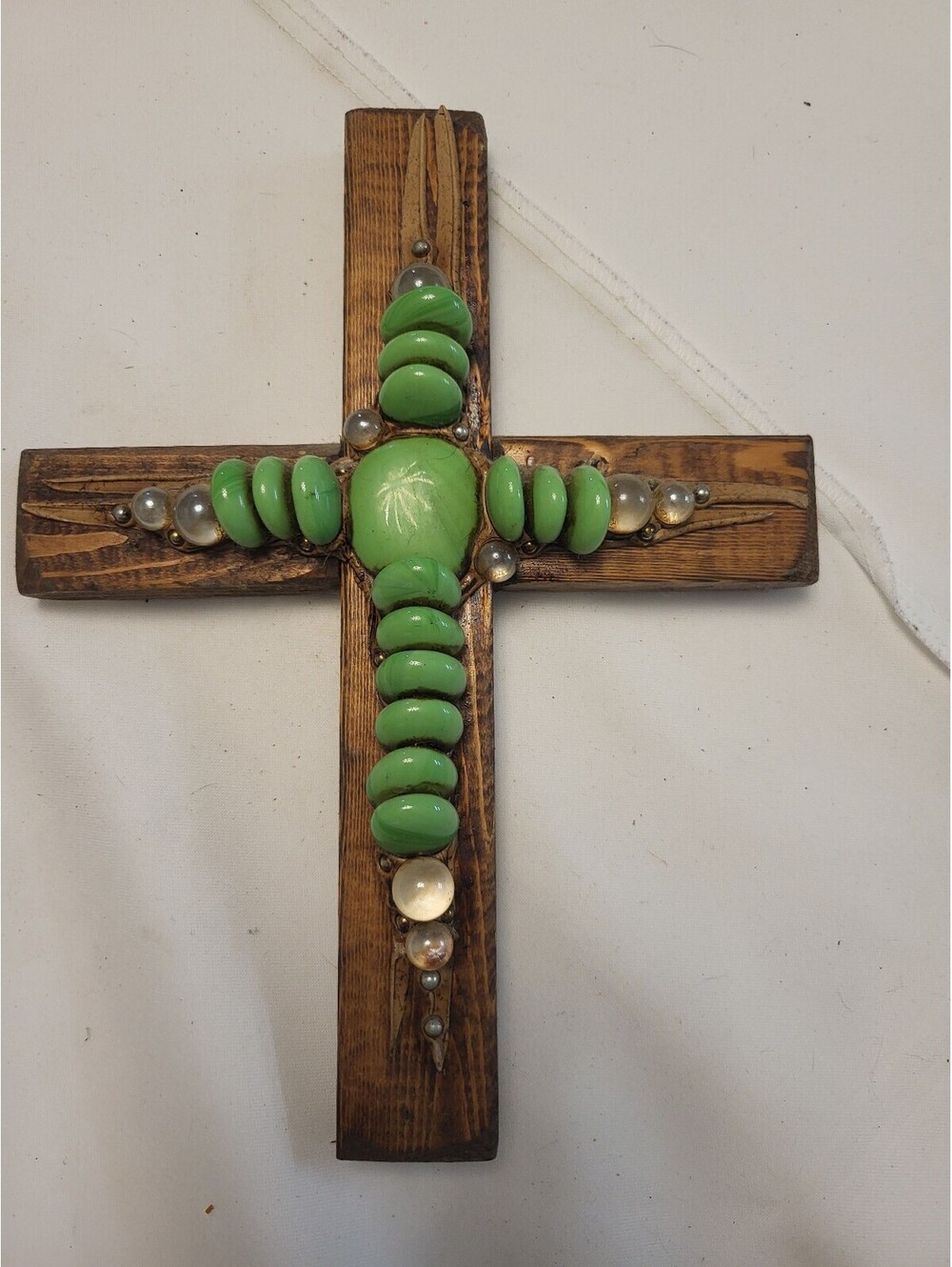Rustic Wooden Cross 10x8" Wall Decor with Green and Clear Beads